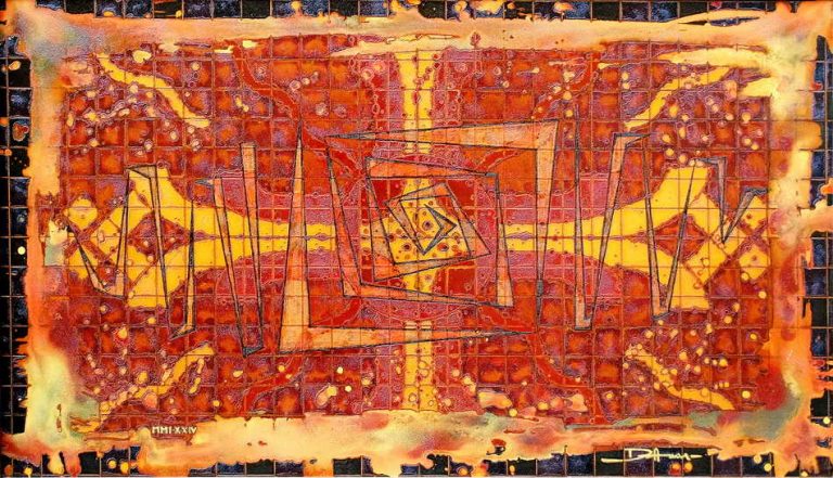 Danas Andriulionis, MMI.XXIV, Kultūrų labirintas, 2001, kartonas, akrilas, aliejus, 70x124.