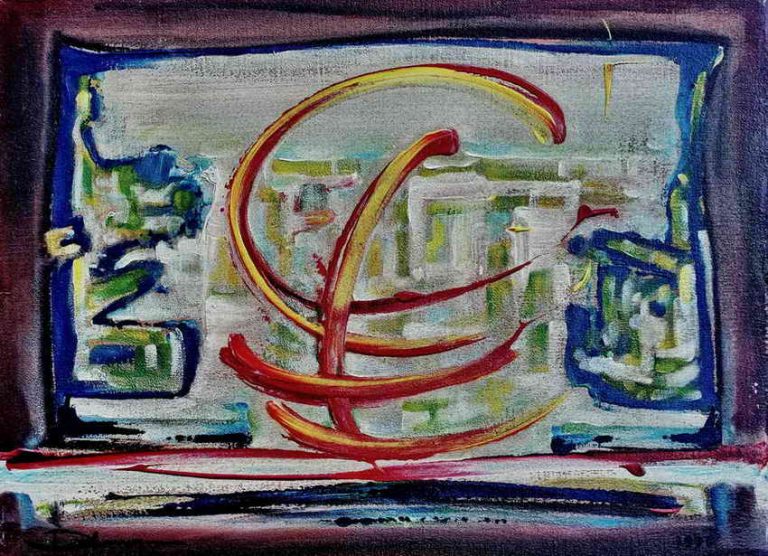 Danas Andriulionis, Žaibo gimimas (Gintaro įlanka), 1998, kartonas, akrilas, aliejus, 50x70.